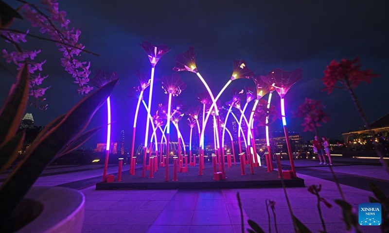 This photo taken on May 30, 2023 shows light installations exhibited during a preview of the i Light Singapore light show at the Marina Bay area in Singapore(Photo: Xinhua)