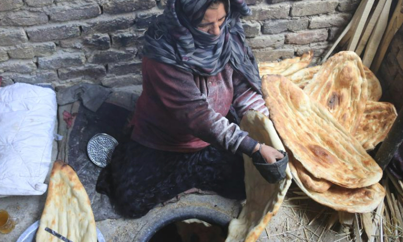 A woman bakes naan, Afghan traditional flatbread, in Kabul, Afghanistan, June 4, 2023. (Photo by Saifurahman Safi/Xinhua)