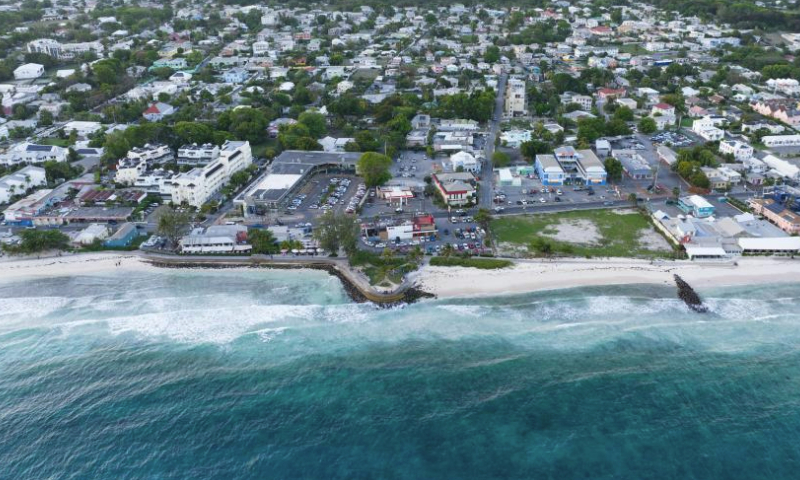 This aerial photo taken on May 29, 2023 shows a coastal view of Bridgetown, capital of Barbados. (Xinhua/Xin Yuewei)