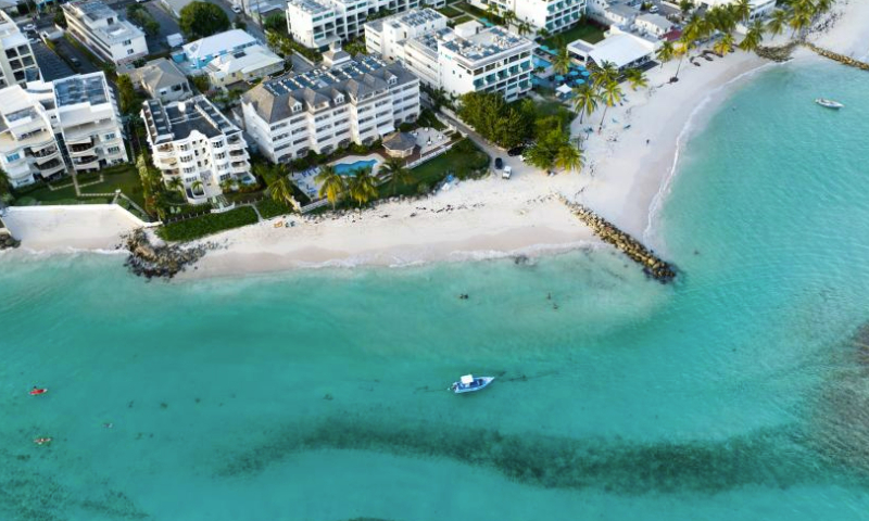 This aerial photo taken on May 29, 2023 shows a coastal view of Bridgetown, capital of Barbados. (Xinhua/Xin Yuewei)