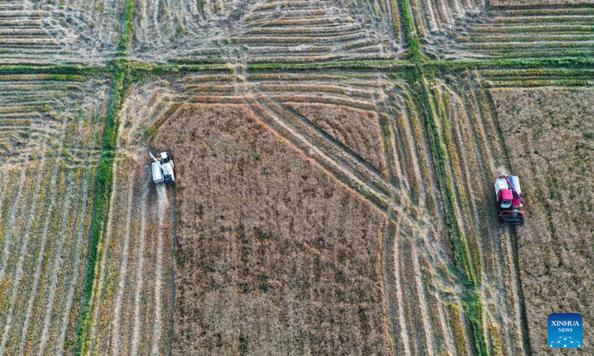 This aerial photo shows harvesters harvesting crops in a wheat field at Yantang Village of Kaiyang County in Guiyang, southwest China's Guizhou Province, May 31, 2023. Photo:Xinhua