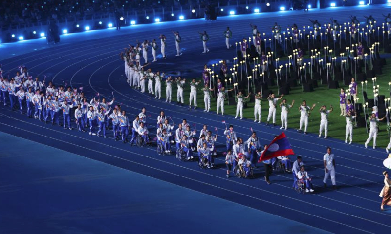 Athletes attend the opening ceremony of the 12th ASEAN Para Games at the Morodok Techo National Stadium in Phnom Penh, Cambodia on June 3, 2023. The 12th ASEAN Para Games officially opened here on Saturday evening. (Photo by Sovannara/Xinhua)