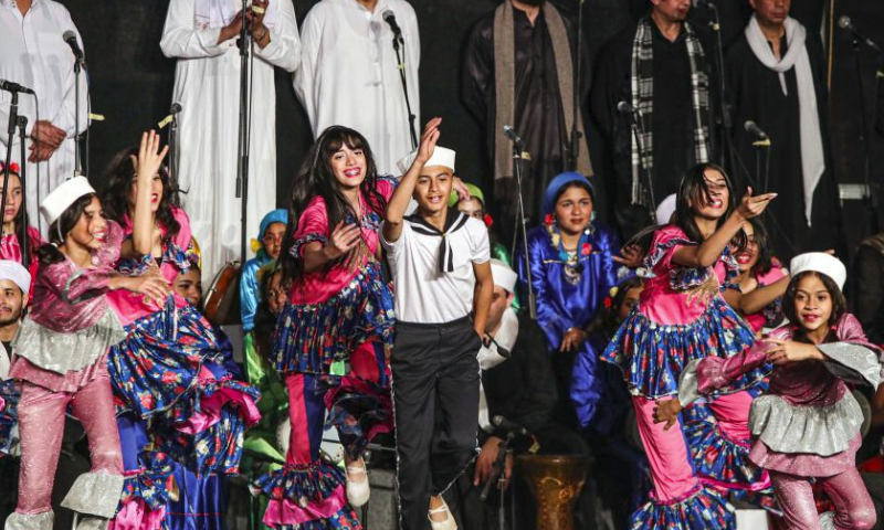 Artists perform at the closing ceremony of the International Festival for Drums and Traditional Arts in Cairo, Egypt, June 2, 2023. Themed Drums Dialogue for Peace, the 10th International Festival for Drums and Traditional Arts concluded here on Friday night. (Xinhua/Ahmed Gomaa)