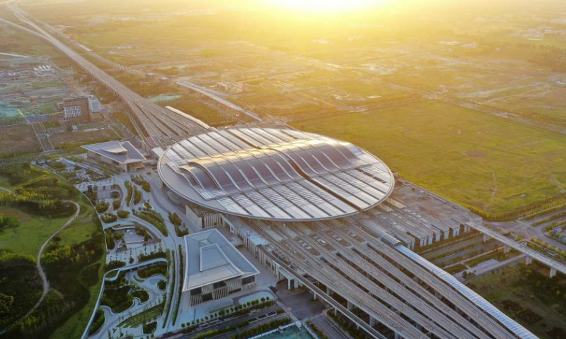 This aerial photo taken on June 2, 2023 shows the Xiong'an Railway Station in Xiong'an New Area, north China's Hebei Province. Located about 100 kilometers southwest of Beijing, the Xiong'an New Area has been designed as a major recipient of functions previously located in Beijing but which are not essential to its role as China's capital. Six years on, Xiong'an New Area, China's city of the future, is offering a glimpse of the Chinese vision of modernity. (Xinhua/Zhu Xudong)