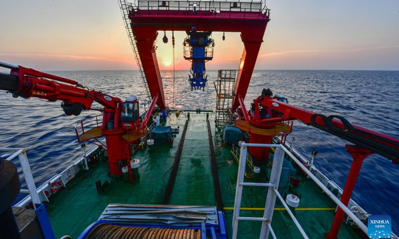 China's scientific research ship Tansuo-1 sails near the site of the No. 1 and No. 2 shipwrecks near the northwest continental slope of the South China Sea, May 24, 2023.(Photo: Xinhua)