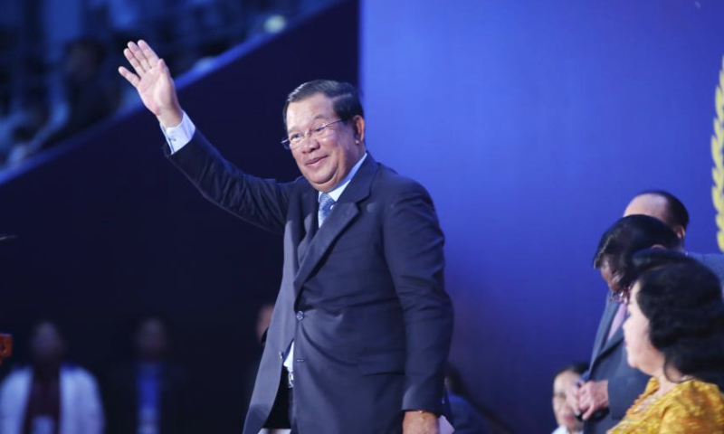 Cambodian Prime Minister Samdech Techo Hun Sen (1st L) attends the opening ceremony of the 12th ASEAN Para Games at the Morodok Techo National Stadium in Phnom Penh, Cambodia on June 3, 2023. The 12th ASEAN Para Games officially opened here on Saturday evening. (Photo by Sovannara/Xinhua)