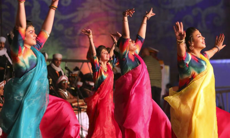 Artists perform at the closing ceremony of the International Festival for Drums and Traditional Arts in Cairo, Egypt, June 2, 2023. Themed Drums Dialogue for Peace, the 10th International Festival for Drums and Traditional Arts concluded here on Friday night. (Xinhua/Ahmed Gomaa)