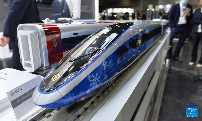 Train models of China Railway Rolling Stock Corporation (CRRC) are pictured during Asia Pacific Rail 2023 in Bangkok, Thailand, on May 31, 2023. CRRC held a series of activities themed on Discovering the world by train during the exhibition, displaying diverse models of Chinese-made trains.(Photo: Xinhua)