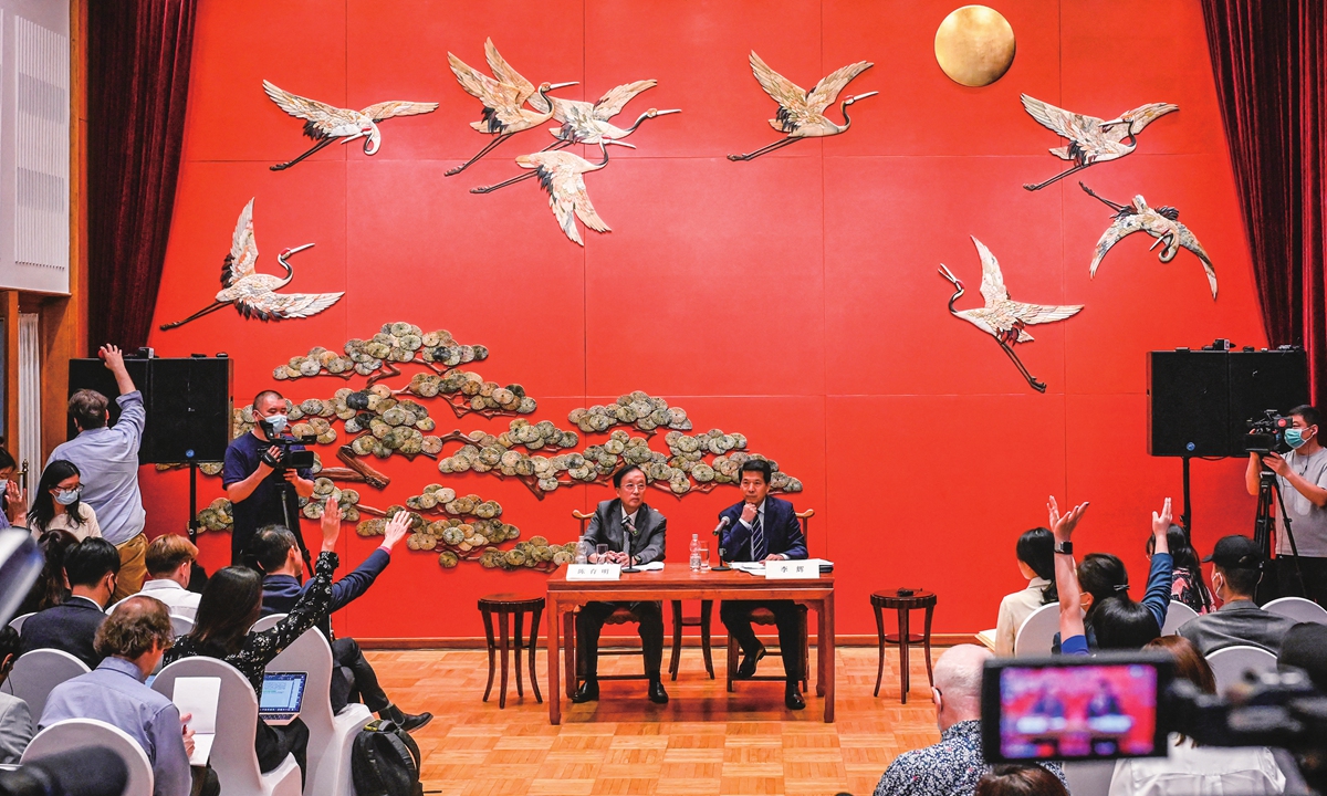 China's Special Representative for Eurasian Affairs Li Hui (centre right) gives a briefing on his visit to Ukraine, Poland, France, Germany and Russia in Beijing on June 2, 2023. Photo: AFP