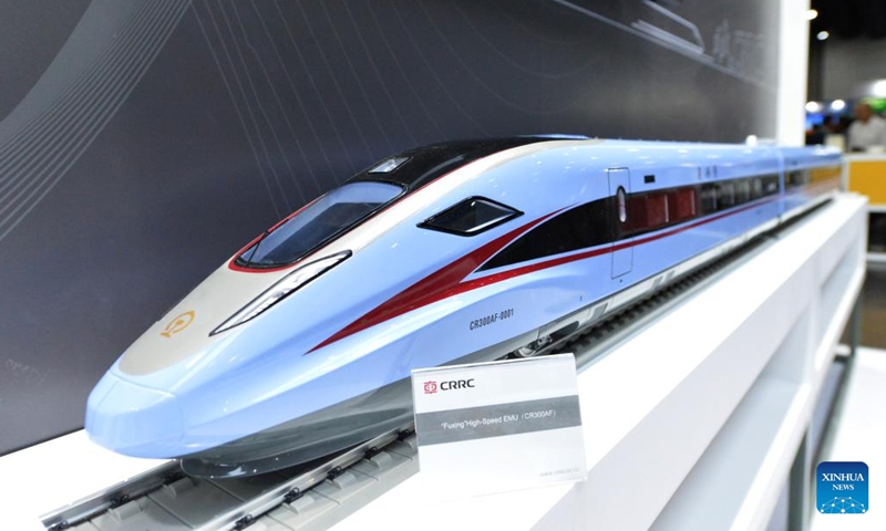 A train model of China Railway Rolling Stock Corporation (CRRC) is pictured during Asia Pacific Rail 2023 in Bangkok, Thailand, on May 31, 2023. CRRC held a series of activities themed on Discovering the world by train during the exhibition, displaying diverse models of Chinese-made trains.(Photo: Xinhua)