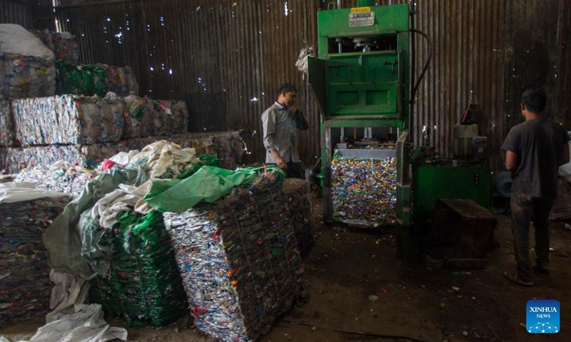 Collected plastic waste is bundled at a junkyard in Kathmandu, Nepal, June 5, 2023. The World Environment Day 2023 falls on June 5, focusing on combating plastic pollution.(Photo: Xinhua)