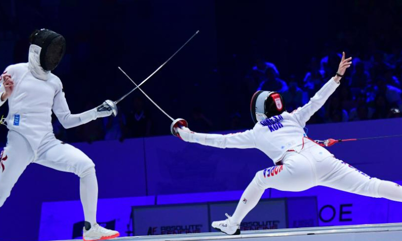 Kong Man Wai (L) of China's Hong Kong competes with Song Se-ra of South Korea during the women's epee individual final match of Asian Fencing Championships in Wuxi of east China's Jiangsu Province, on June 17, 2023. (Photo by Huan Yueliang/Xinhua)