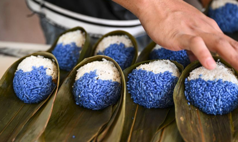 Some partially processed Nyonya Chang, or Nyonya rice dumplings, are pictured at a shop at Malacca, Malaysia, June 17, 2023. The Nyonya Chang, also known as the Butterfly Pea Rice Dumplings, is a fusion delicacy of traditional Chinese rice dumplings and the local Peranakan culture, also known as Baba-Nyonya culture. (Xinhua/Cheng Yiheng)