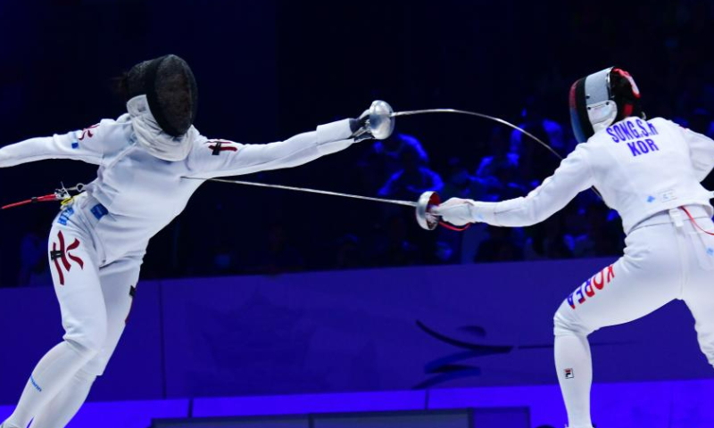 Kong Man Wai (L) of China's Hong Kong competes with Song Se-ra of South Korea during the women's epee individual final match of Asian Fencing Championships in Wuxi of east China's Jiangsu Province, on June 17, 2023. (Photo by Huan Yueliang/Xinhua)