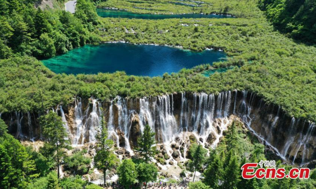 Spectacular summer scenery in Jiuzhaigou National Park, a UNESCO World Heritage site in southwest China's Sichuan Province, June 8, 2023. Waterfalls, lush forests and serene plateau lakes attract many tourists. Photo: China News Service