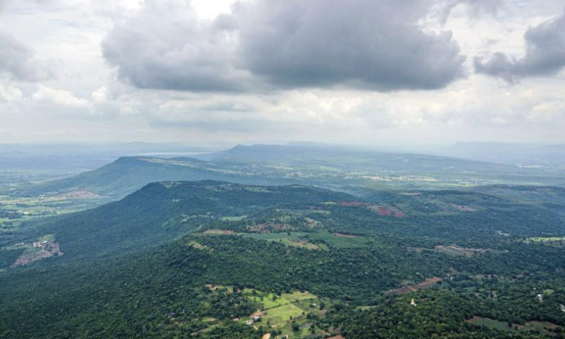 This aerial photo taken on June 10, 2023 shows a view of Khorat Geopark in Nakhon Ratchasima Province, Thailand. Located in the northeast of Thailand, the geopark covers an area of about 3,167 square kilometers and is the second global geopark in Thailand. (Xinhua/Wang Teng)