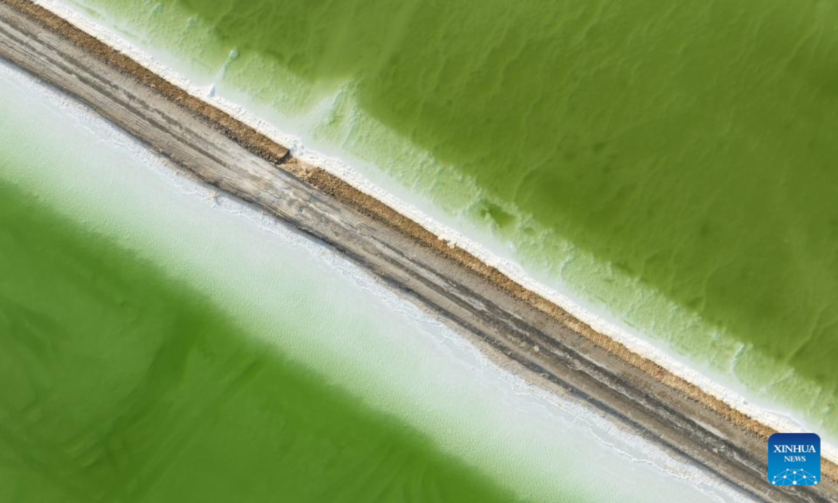 This aerial photo taken on June 9, 2023 shows the scenery of the Qairhan salt lake in Golmud, northwest China's Qinghai Province. The Qairhan salt lake, with a total area of 5,856 square kilometers, has been the largest potash fertilizer producing base in China. Photo:Xinhua