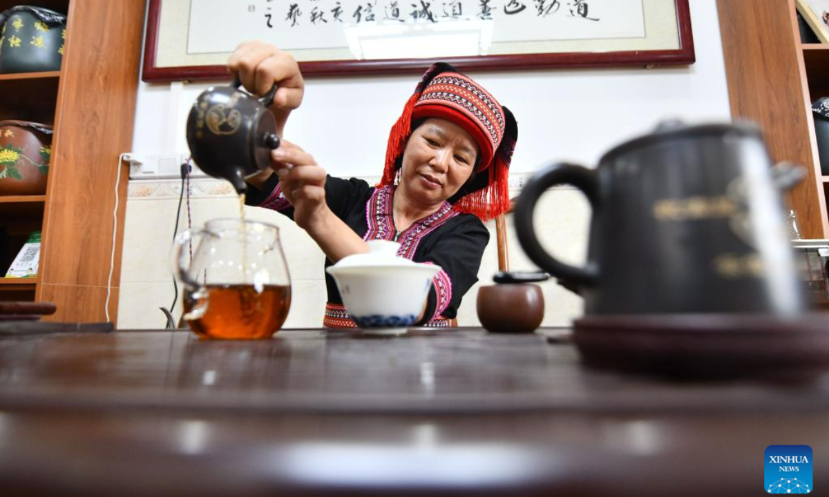 Zhu Xuelan makse tea at Shanping Village of Cangwu County, south China's Guangxi Zhuang Autonomous Region, June 7, 2023. Zhu Xuelan, Party secretary of Shangping Village and representative inheritor of Liubao tea making technique, has promoted traditional tea making technique and developed the tea planting industry to increase local residents' incomes. Photo:Xinhua