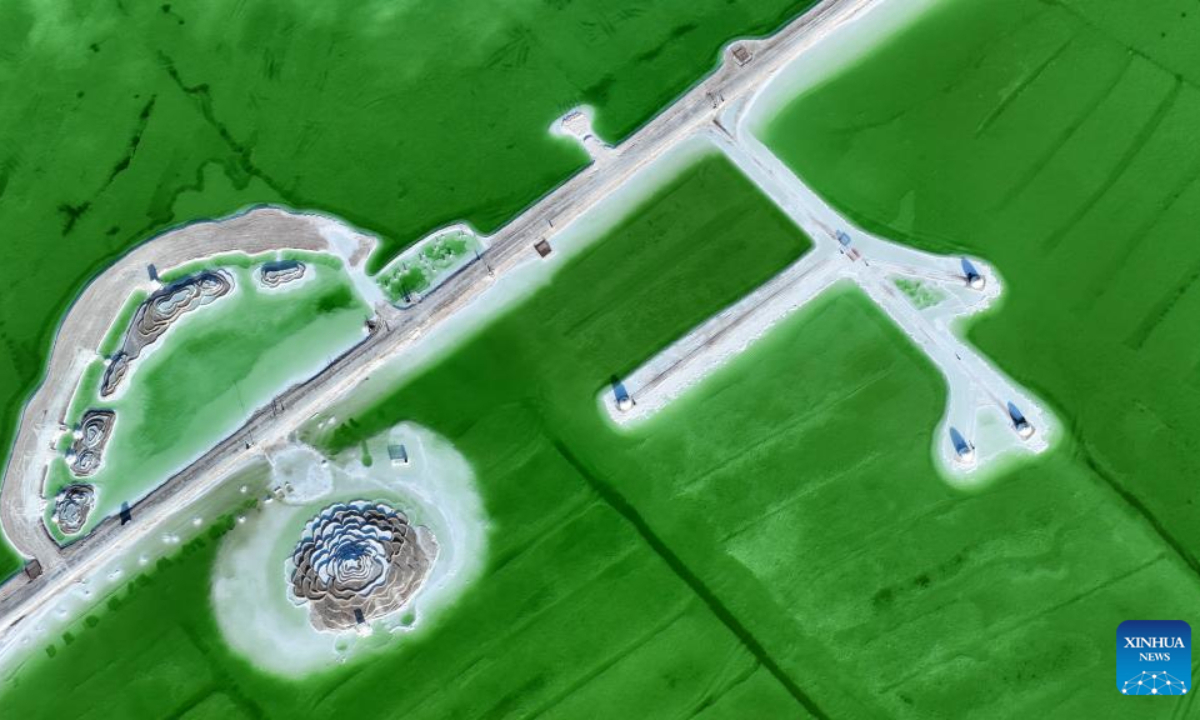 This aerial photo taken on June 9, 2023 shows the scenery of the Qairhan salt lake in Golmud, northwest China's Qinghai Province. The Qairhan salt lake, with a total area of 5,856 square kilometers, has been the largest potash fertilizer producing base in China. Photo:Xinhua