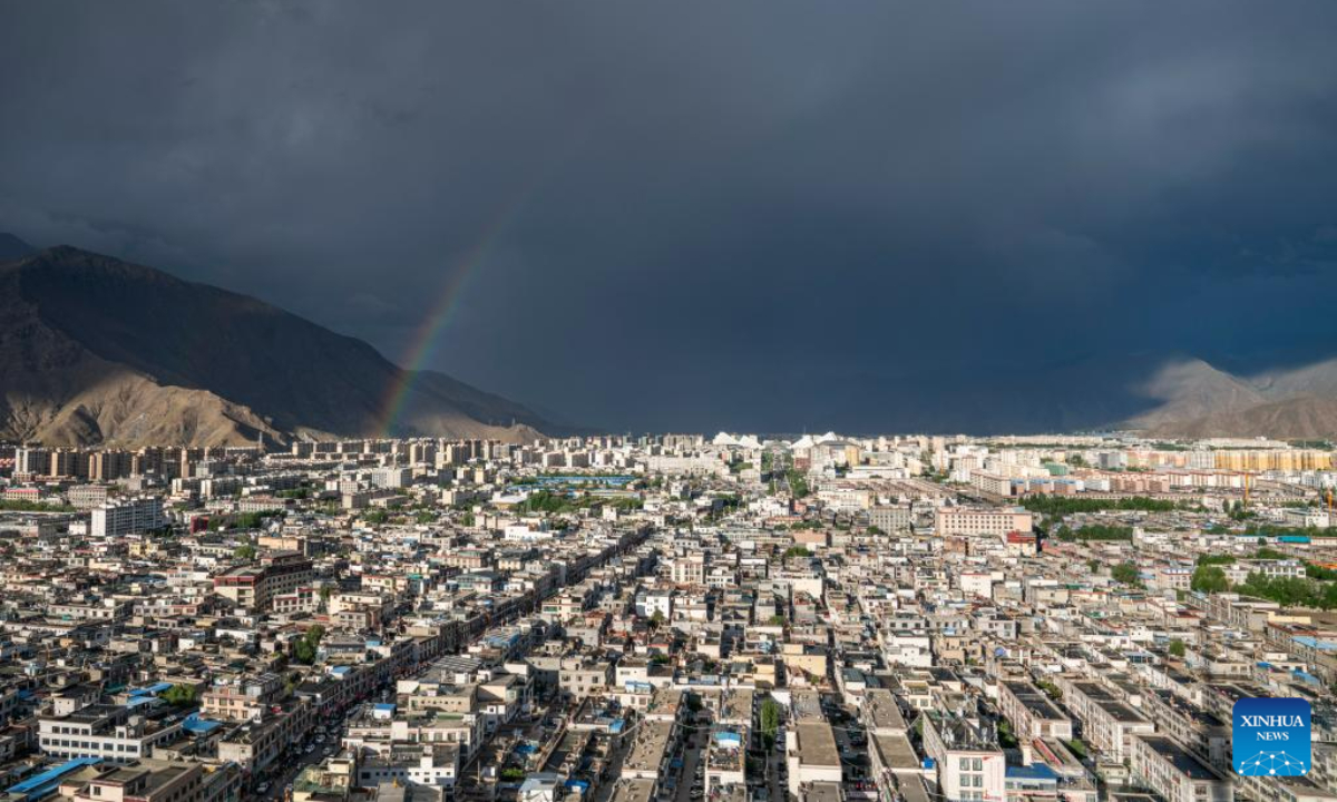 This photo taken on June 15, 2023 shows a rainbow in Lhasa, southwest China's Tibet Autonomous Region. Photo:Xinhua