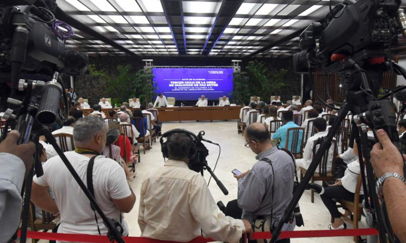 This photo taken on June 9, 2023 shows a scene at the closing ceremony of the third round of peace talks between the Colombian government and the guerrilla group National Liberation Army in Havana, Cuba.

The Colombian government and the guerrilla group National Liberation Army (ELN) declared a six-month ceasefire here on Friday after ending the third round of peace talks.

Both sides agreed to participate in the process of constructing peace in society and get prepared for a bilateral, national, and temporary ceasefire agreement. (Photo by Joaquin Hernandez/Xinhua)