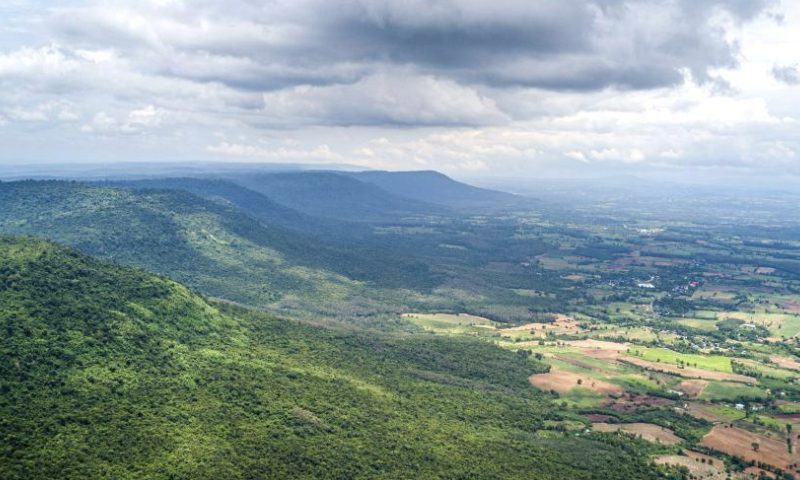 This aerial photo taken on June 10, 2023 shows a view of Khorat Geopark in Nakhon Ratchasima Province, Thailand. Located in the northeast of Thailand, the geopark covers an area of about 3,167 square kilometers and is the second global geopark in Thailand. (Xinhua/Wang Teng)