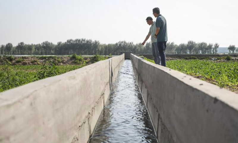 Staff members inspect a water channel in Daleng Town of Zhangwu County, Fuxin City, northeast China's Liaoning Province, June 14, 2023. In 2021, local authorities has promoted the transformation of sandy land along the Liuhe River in Zhangwu into cultivable rice fields, achieving ecological and economic benefit. (Xinhua/Pan Yulong)