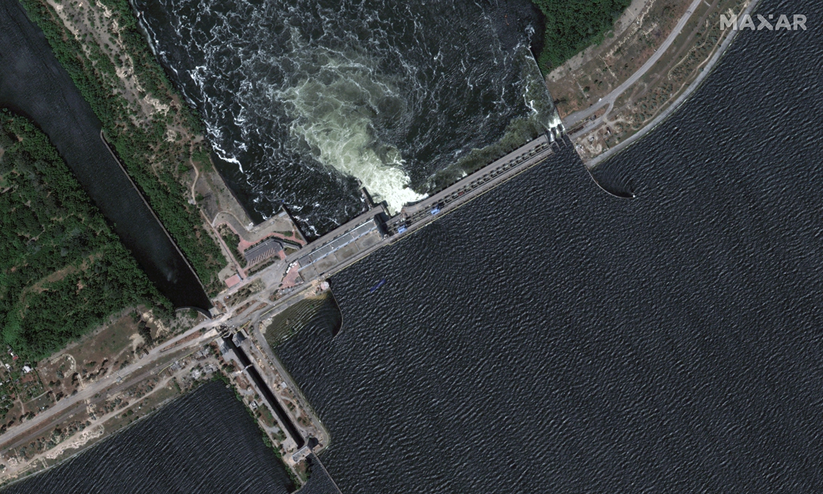 This handout satellite image courtesy of Maxar Technologies shows the Nova Kakhovka dam and hydroelectric plant before the destruction on June 5, 2023. Photo: AFP