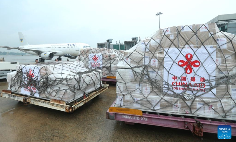 This photo taken on June 12, 2023 shows cyclone relief supplies donated by the Chinese government arriving at Yangon International Airport in Yangon, Myanmar. The first batch of cyclone relief supplies donated by the Chinese government arrived at Myanmar's Yangon International Airport on Monday and were handed over to the Myanmar side.(Photo: Xinhua)