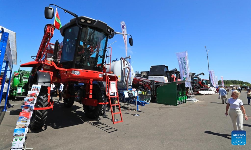 Farming machines are displayed at an international agricultural exhibition in the Great Stone China-Belarus Industrial Park in Minsk, Belarus, June 6, 2023. The exhibition opened here on Tuesday.(Photo: Xinhua)