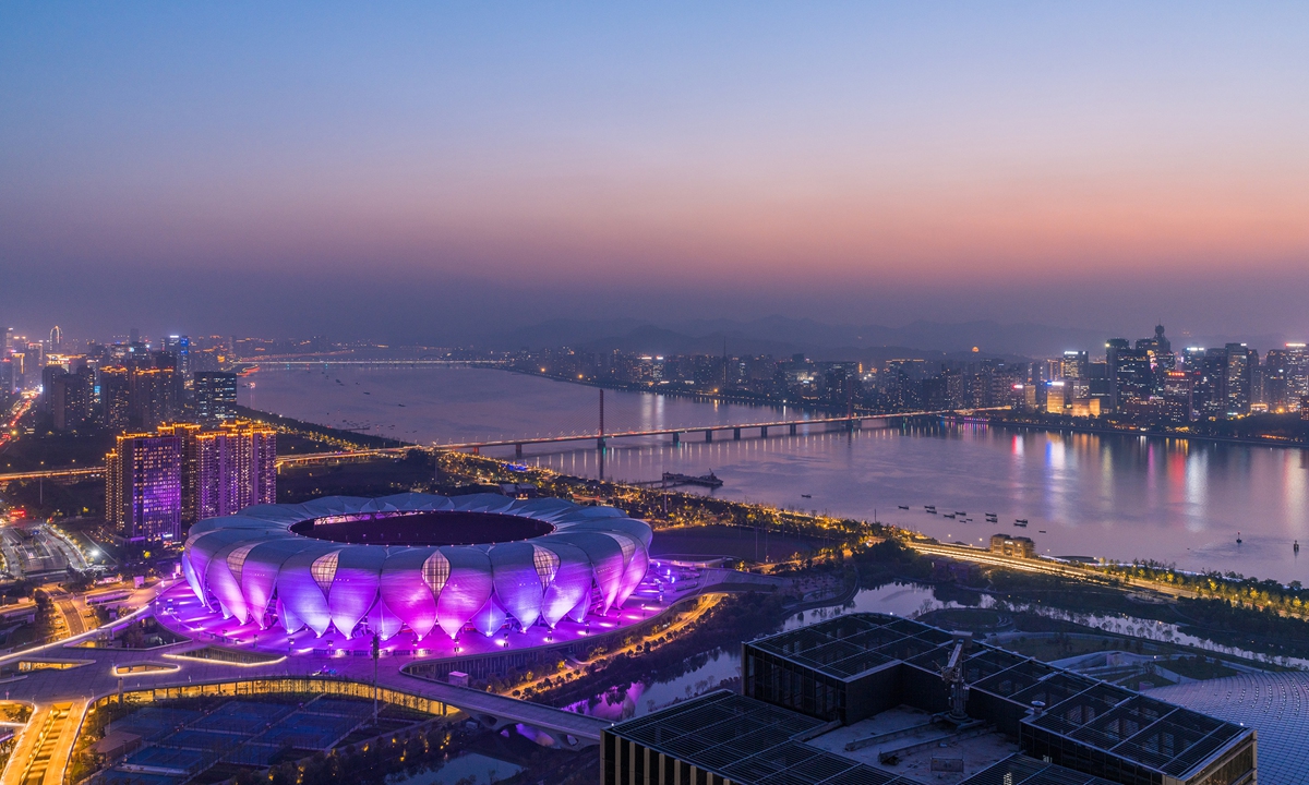 A night view of the main venue, the Hangzhou Olympic Sports Center Stadium, which is currently one of the three sports stadiums in China with an 80,000-person sitting capacity  Photo: VCG