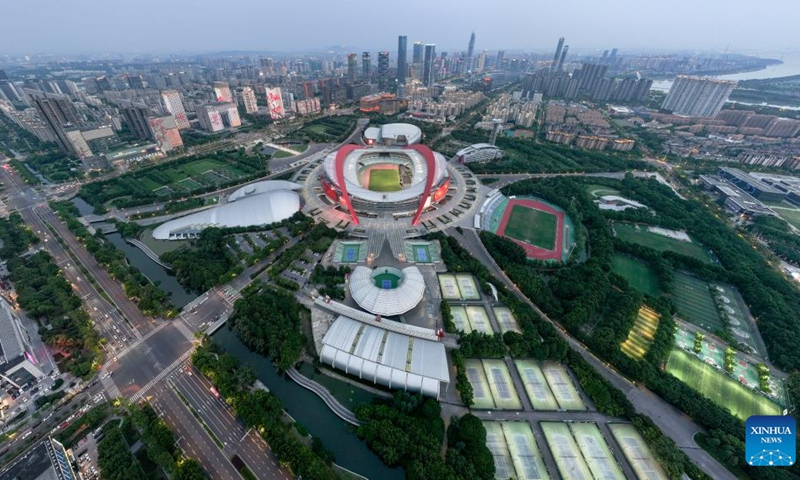 This aerial photo taken on June 13, 2023 shows the Nanjing Olympic Center in Nanjing, east China's Jiangsu Province. Nanjing, the capital of six dynasties in ancient China, has rich cultural accumulation and unique cultural landscapes.(Photo: Xinhua)