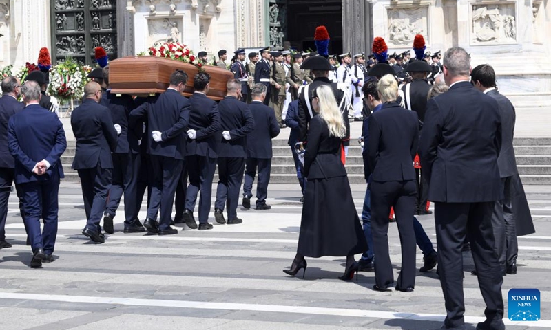 The casket of Silvio Berlusconi arrives at the Duomo di Milano in Milan, Italy, on June 14, 2023.(Photo: Xinhua)