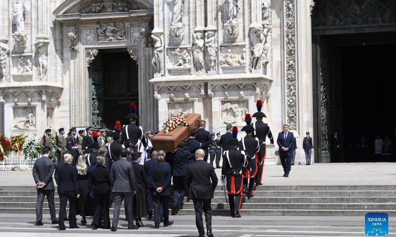 The casket of Silvio Berlusconi arrives at the Duomo di Milano in Milan, Italy, on June 14, 2023.(Photo: Xinhua)