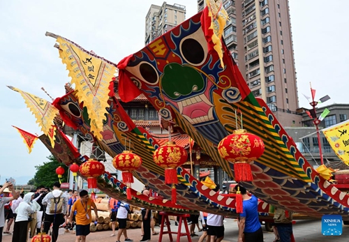 Dragon boats are seen during a cultural event to celebrate the upcoming Dragon Boat Festival in Putian, southeast China's Fujian Province, June 13, 2023. A series of cultural events is going to be held in Putian to celebrate the traditional Dragon Boat Festival, which falls on June 22 this year.(Photo: Xinhua)