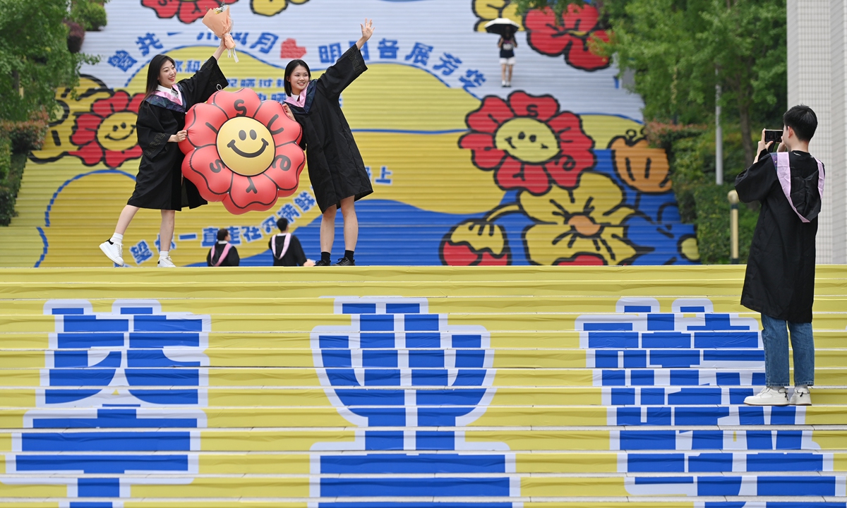 Graduates from Sichuan International Studies University in Southwest China's Chongqing Municipality pose for a picture on June 20, 2023. The number of college graduates in 2023 is expected to reach 11.58 million, an increase of 820,000 over 2022, setting a new record. Photo: VCG 