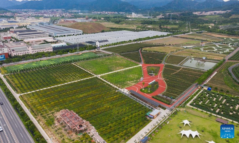 This aerial photo taken on June 19, 2023 shows an agricultural ecological park in Huayuan Village of Nanma Town, Dongyang City, east China's Zhejiang Province. Under Zhejiang's Green Rural Revival Program, thousands of villages in the province have focused on green and sustainable development, exploring their own ways in building a beautiful countryside while maintaining economic gains.(Photo: Xinhua)