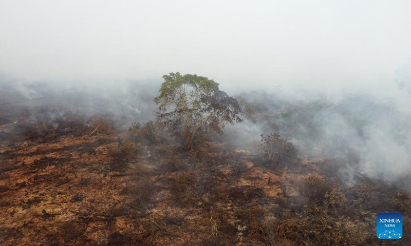 This aerial photo shows smoke of a peatland fire in Suak Puntong village in Nagan Raya district, Aceh Province, Indonesia, June 23, 2023. (Photo by Yulham/Xinhua)