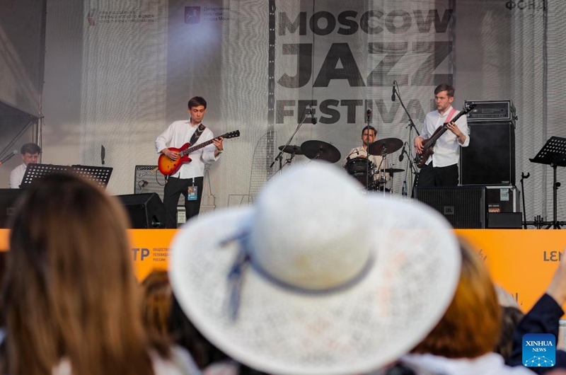 Members of a jazz band perform during the Moscow Jazz Festival in Moscow, Russia, on June 22, 2023. More than 1000 musicians from Russia and abroad perform at a jazz festival held here from June 19 to June 25. (Photo by Alexander Zemlianichenko Jr/Xinhua) 