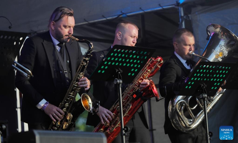 Members of a jazz band perform during the Moscow Jazz Festival in Moscow, Russia, on June 22, 2023. More than 1000 musicians from Russia and abroad perform at a jazz festival held here from June 19 to June 25. (Photo by Alexander Zemlianichenko Jr/Xinhua) 