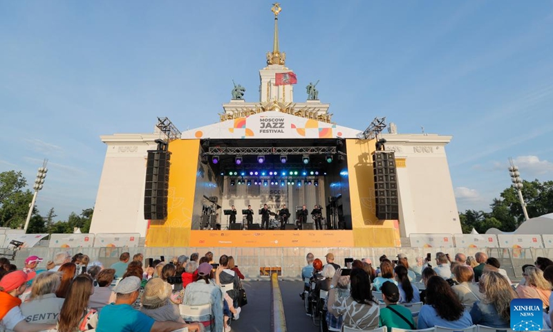 Members of a jazz band perform during the Moscow Jazz Festival in Moscow, Russia, on June 22, 2023. More than 1000 musicians from Russia and abroad perform at a jazz festival held here from June 19 to June 25. (Photo by Alexander Zemlianichenko Jr/Xinhua)  