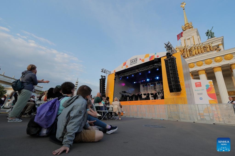 Members of a jazz band perform during the Moscow Jazz Festival in Moscow, Russia, on June 22, 2023. More than 1000 musicians from Russia and abroad perform at a jazz festival held here from June 19 to June 25. (Photo by Alexander Zemlianichenko Jr/Xinhua)