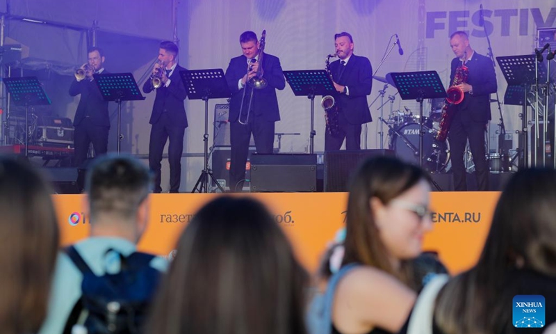 Members of a jazz band perform during the Moscow Jazz Festival in Moscow, Russia, on June 22, 2023. More than 1000 musicians from Russia and abroad perform at a jazz festival held here from June 19 to June 25. (Photo by Alexander Zemlianichenko Jr/Xinhua) 