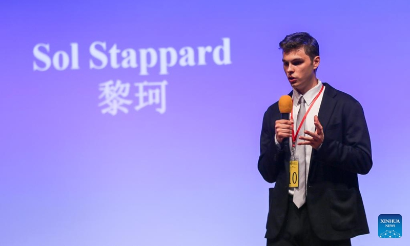 A student from University of Manchester speaks during the 22nd Chinese Bridge Chinese Proficiency Competition in London, Britain, June 23, 2023. Students from 12 British universities competed in the regional final of the 22nd Chinese Bridge Chinese Proficiency Competition on Friday, sharing their passion for the Chinese language and culture. Photo: Xinhua