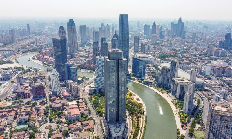 This aerial view taken on June 24, 2023 shows a view of north China's Tianjin Municipality. The 14th Annual Meeting of the New Champions, also known as the Summer Davos Forum, will be held in Tianjin from June 27 to 29. Approximately 1,500 leaders from both public and private sectors from more than 90 countries will come together for the three-day event.(Photo: Xinhua)