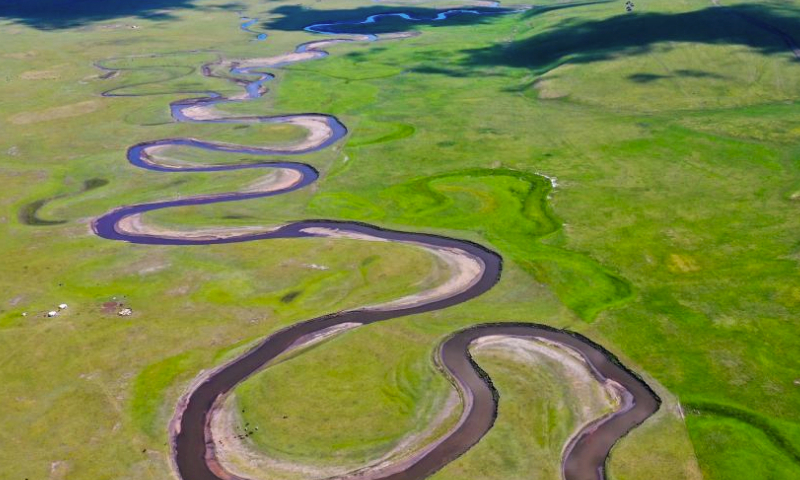 This aerial photo taken on July 1, 2023 shows scenery along the Mergel Gol River in Hulun Buir, north China's Inner Mongolia Autonomous Region. (Xinhua/Lian Zhen)