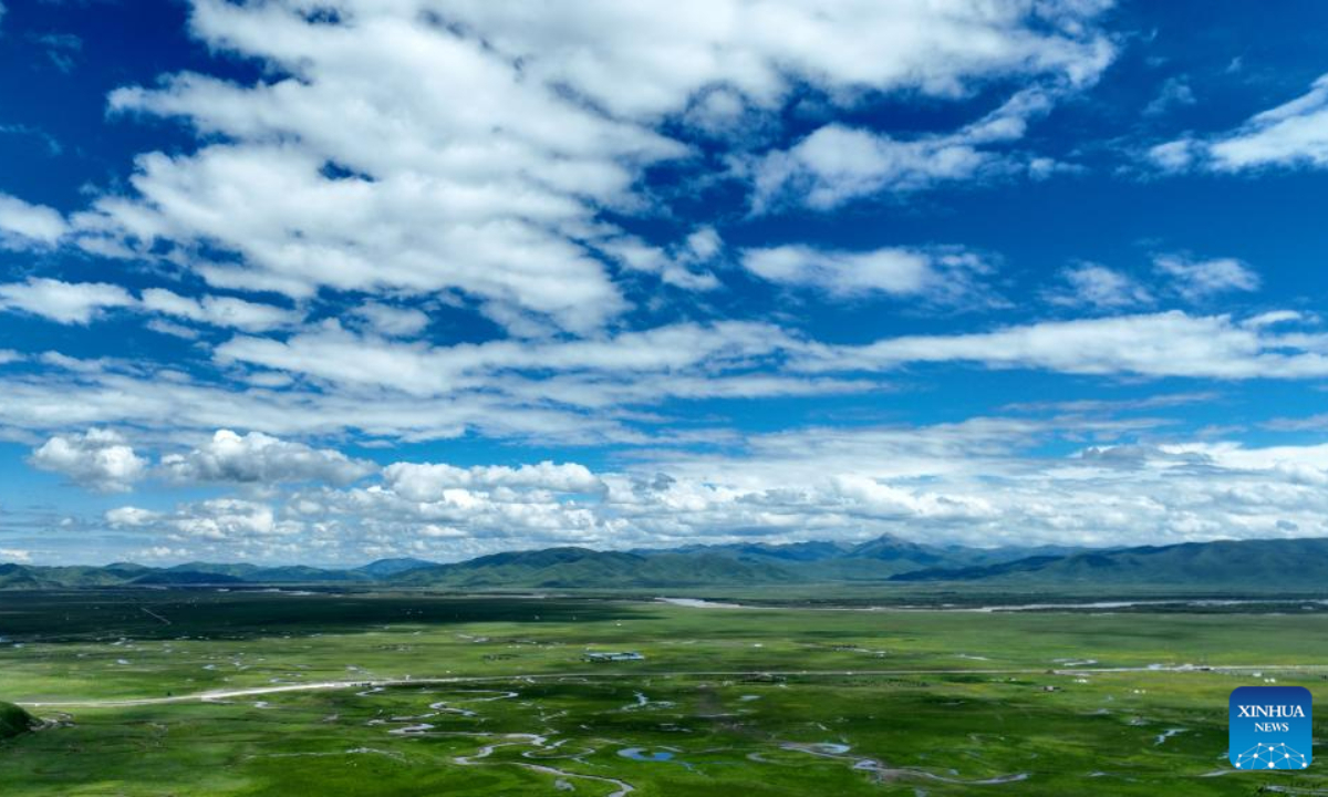 This aerial photo taken on July 6, 2023 shows the summer scenery of the Awancang Wetland in Maqu County, Gannan Tibetan Autonomous Prefecture of northwest China's Gansu Province. Photo:Xinhua