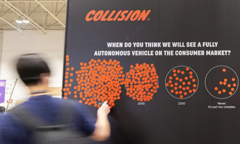 A man takes part in a fully automonous vehicle's survey during the 2023 Collision Conference in Toronto, Canada, on June 27, 2023. The 2023 Collision Conference, an annual tech conference in North America, is held here from June 26 to June 29 this year. (Photo by Zou Zheng/Xinhua)