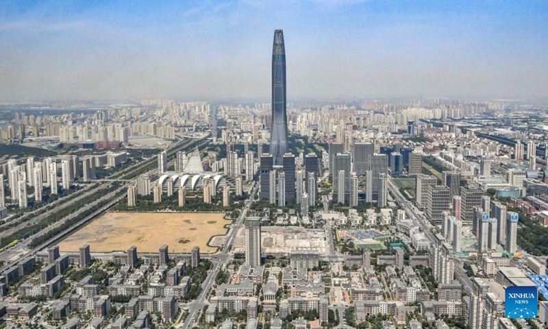 This aerial view taken on June 16, 2023 shows a view of the Binhai New Area in north China's Tianjin Municipality. The 14th Annual Meeting of the New Champions, also known as the Summer Davos Forum, will be held in Tianjin from June 27 to 29. Approximately 1,500 leaders from both public and private sectors from more than 90 countries will come together for the three-day event.(Photo: Xinhua)