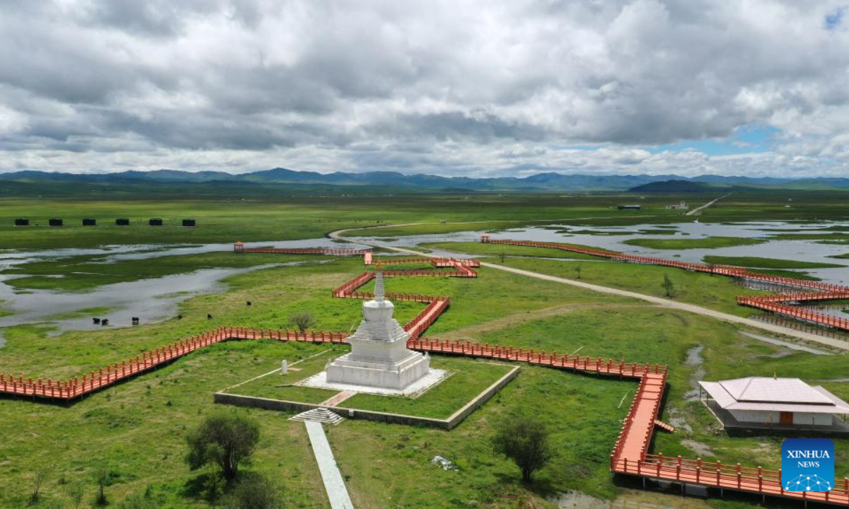 This aerial photo taken on July 6, 2023 shows the summer scenery of the Awancang Wetland in Maqu County, Gannan Tibetan Autonomous Prefecture of northwest China's Gansu Province. Photo:Xinhua